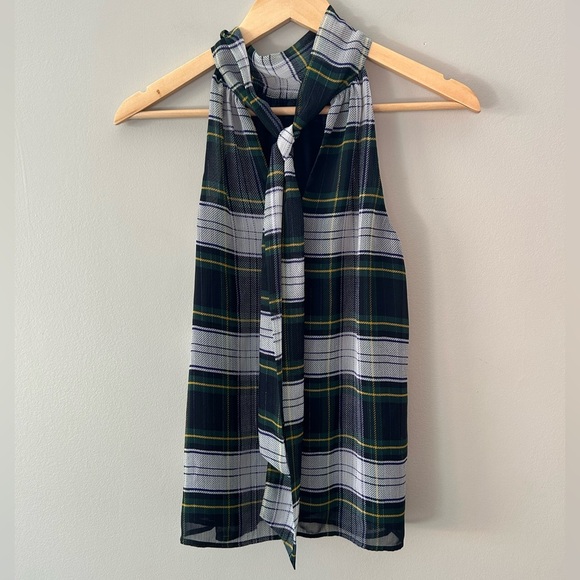 J. Crew High Halter Neck Sleeveless Plaid Tie Back Green and Navy Blue Chic Top - Picture 5 of 5